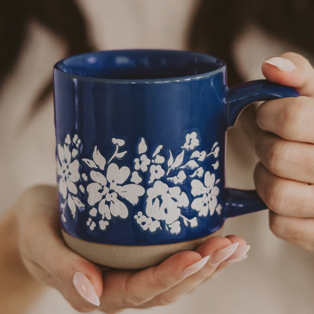 Blue Floral Stoneware Coffee Mug - Summer Home Decor by Sweet Water Decor