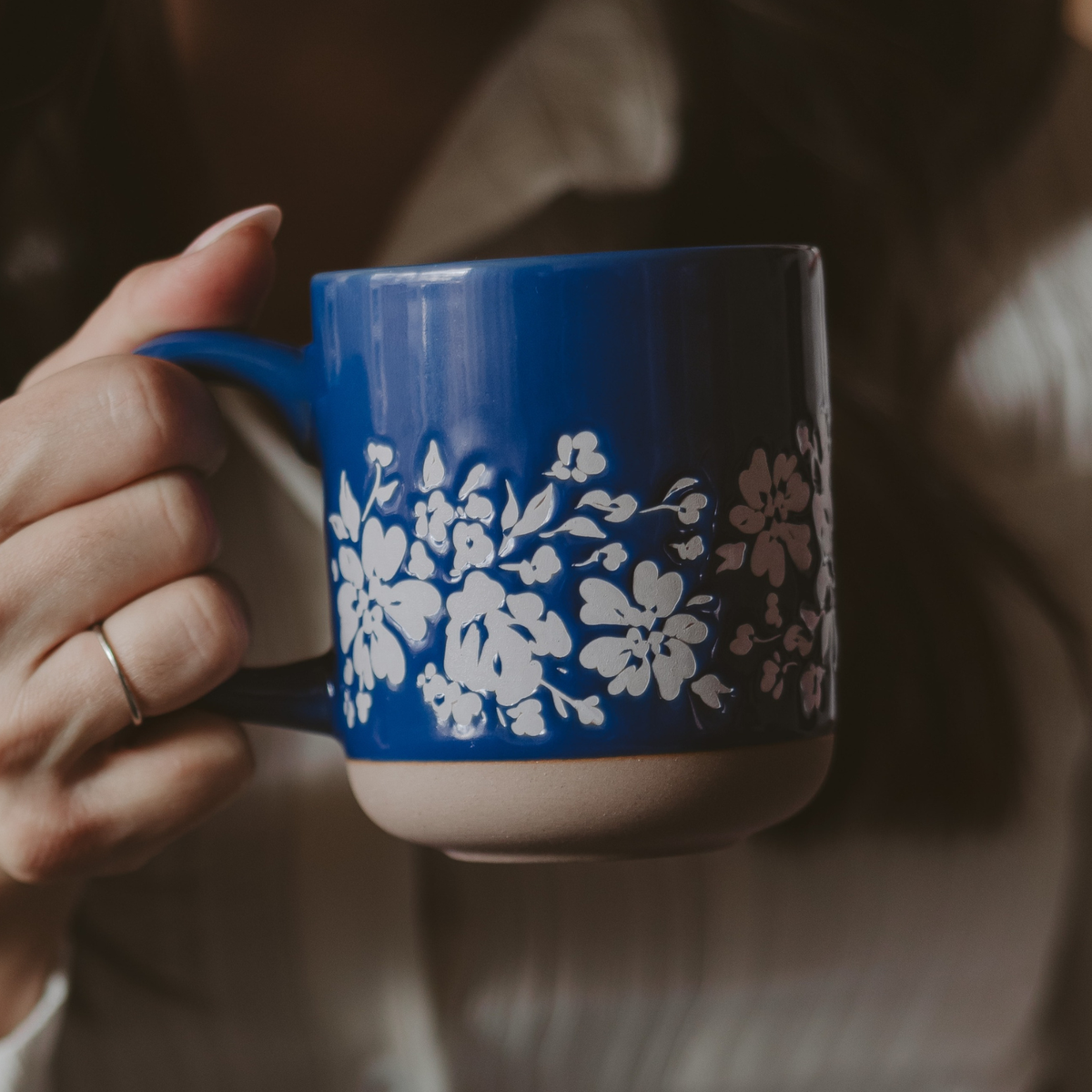 Blue Floral Stoneware Coffee Mug - Summer Home Decor
